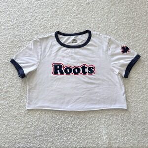 Roots Ringer Crop Top Womens S White Navy Logo Raw Hem Canada Maple Leaf